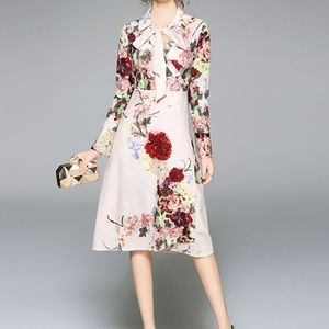 Pink Slim Printed Wrap V-neck Midi Dress With Tie